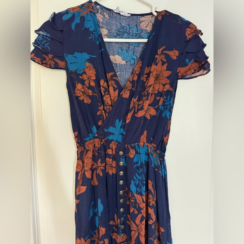 Navy Floral Wrap Midi Dress with Rust & Teal Print